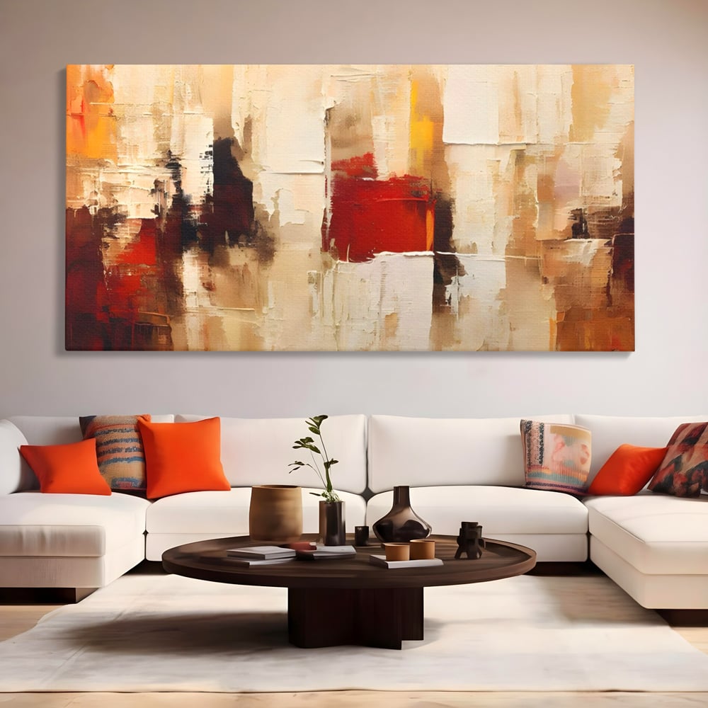 Tablou canvas cu pictura abstracta cu pete de rosu si bej, fara rama, pe sasiu de lemn, pe perete intr-un living